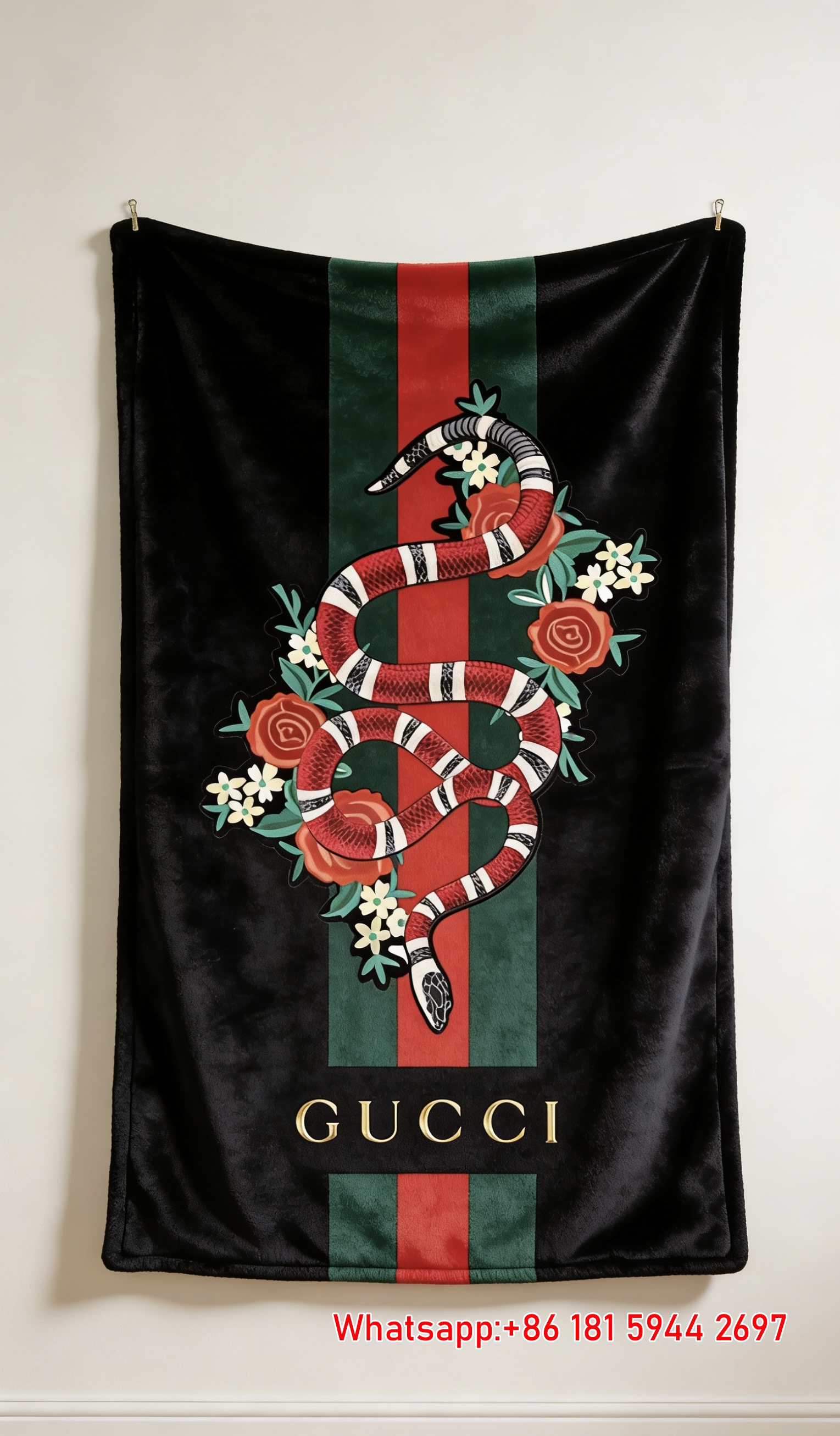 Gucci Red Snake & Roses on Web Stripe Flannel Blanket throw blanket IMG_2640